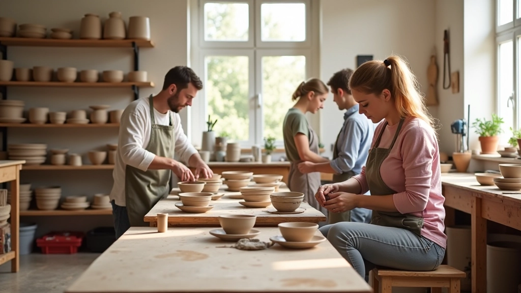Ceramics workshop with clay on pottery wheels and finished pieces displayed on shelves
