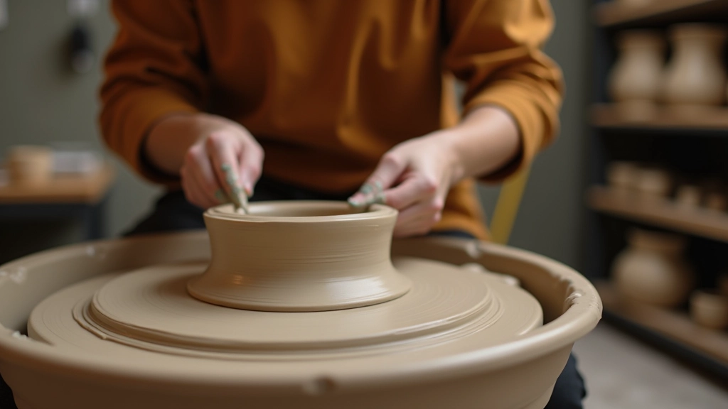Ceramic pottery studio workspace in Rīga with clay wheels and finished pieces displayed on shelves