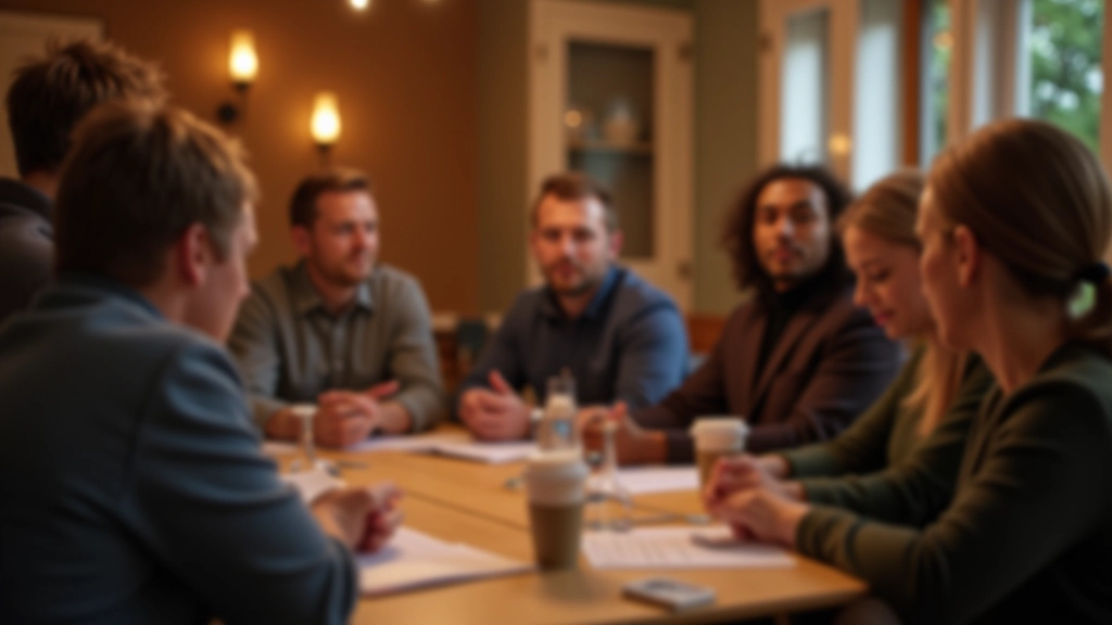 Diverse group of people gathered in a community space in Rīga for a workshop or meetup, seated in a circle with natural conversation happening
