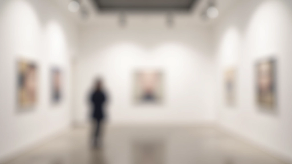 Interior of a contemporary art gallery with minimalist white walls and spotlit artwork displays