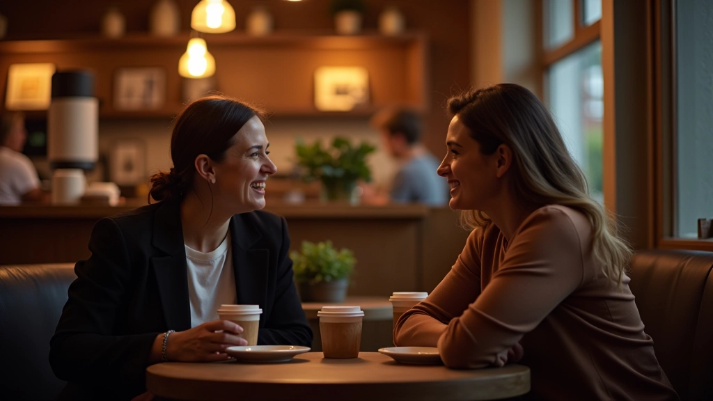 Group of people laughing and enjoying conversation during an evening social gathering in a warm, inviting café setting with natural lighting
