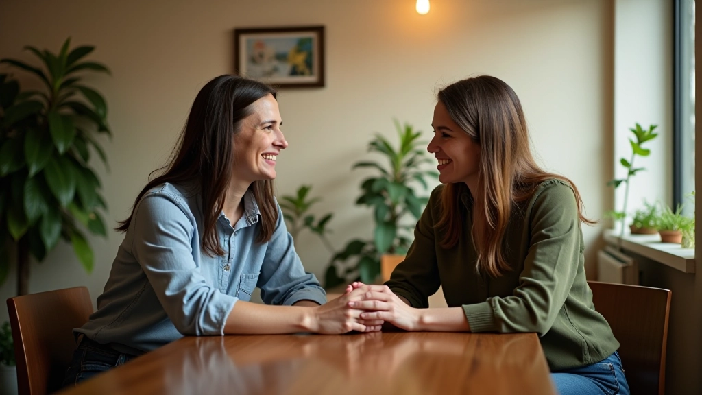 People sitting around a wooden table in a bright, plant-filled café, engaged in conversation over coffee and pastries