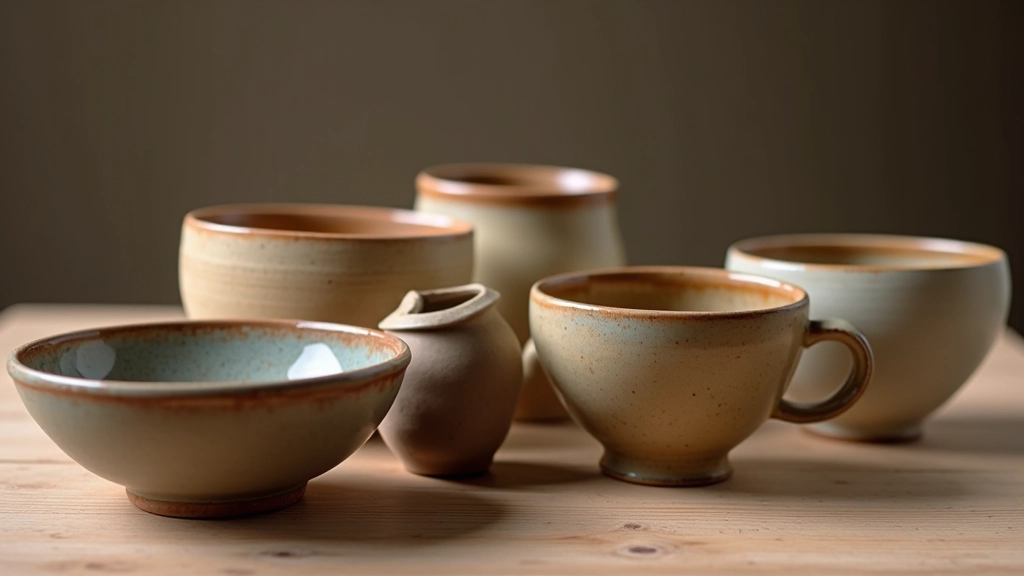 Close-up of finished ceramic pieces, glazed bowls and mugs with various textures and colors displayed together
