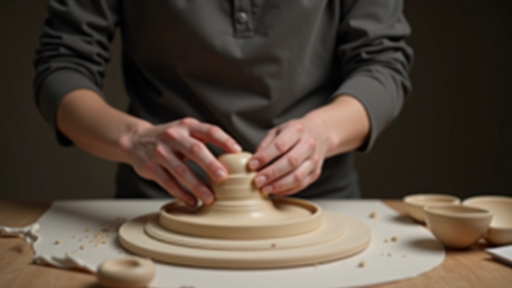 Instructor demonstrating hand-building ceramic technique, fingers shaping clay on a work table with clay tools nearby