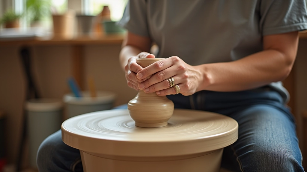 Hands shaping clay on pottery wheel in ceramics studio workshop