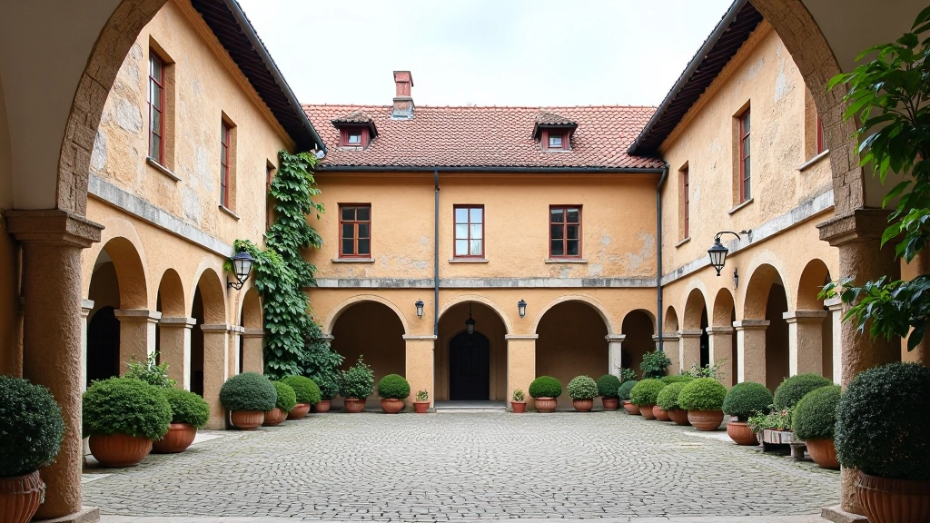 Stone courtyard with heritage buildings showing traditional Latvian architecture and historical restoration details