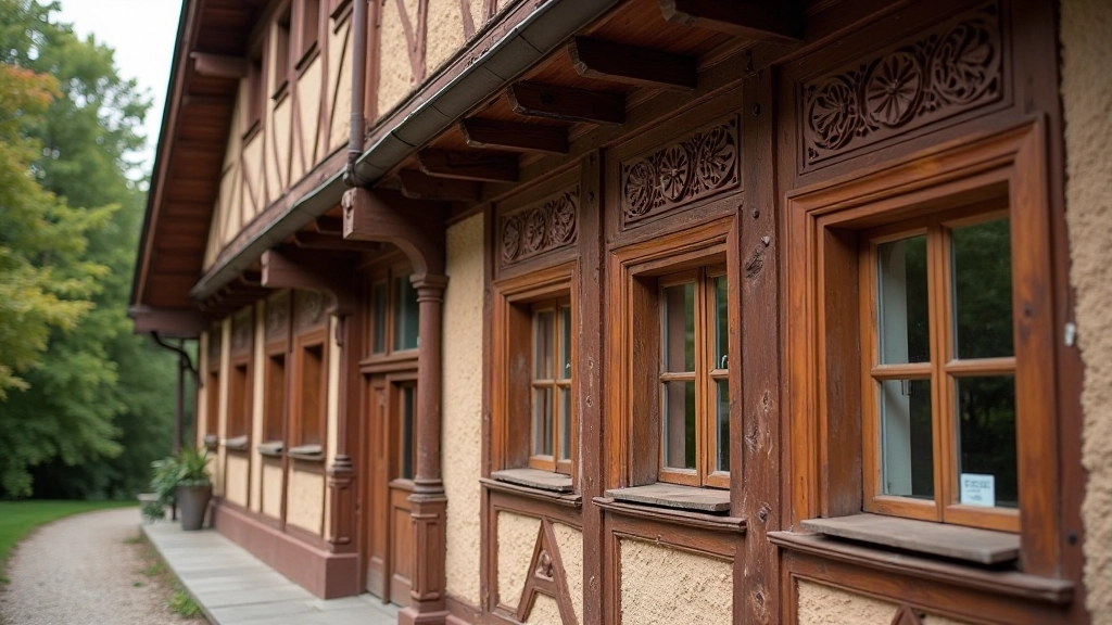 Exterior view of a historic wooden building with traditional Latvian architecture and carved details