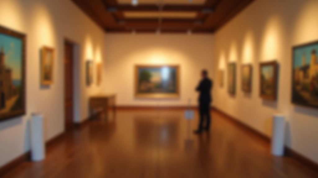 Interior of a small independent art gallery or cultural museum space with original artwork and artifacts displayed in warm ambient lighting