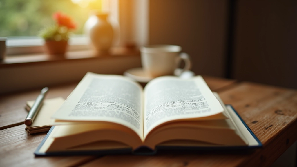 Open book on wooden table with warm coffee cup nearby, soft natural window lighting, cozy reading environment
