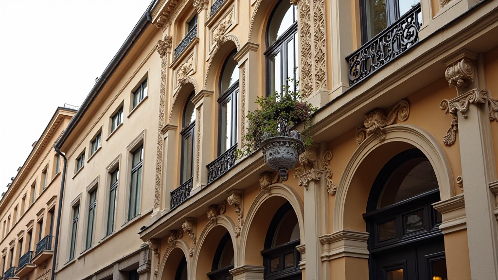 Ornate Art Nouveau building facade with detailed architectural elements and decorative stonework