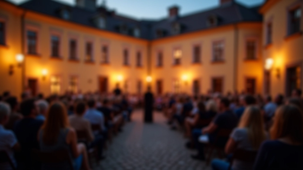 Evening outdoor performance in a historic courtyard with atmospheric lighting and audience gathered