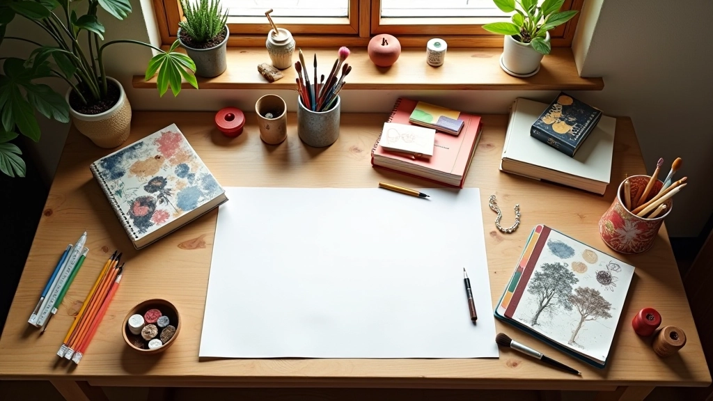 Creative workshop with various art supplies and materials on wooden workstable, artistic setting with natural lighting