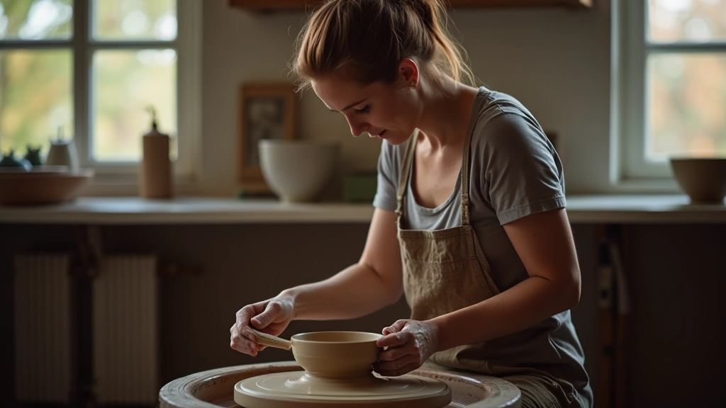 Person at pottery wheel, concentrating on shaping clay, natural light from studio window illuminating the workspace