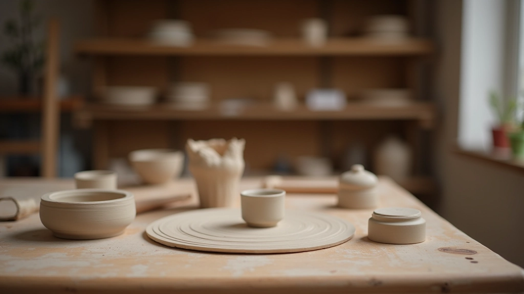 Pottery studio workspace with organized clay tools, wooden shelves, and finished ceramic pieces on display