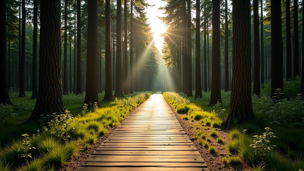 Hiking trail through pine forest with wooden boardwalk path in Jūrmala nature reserve