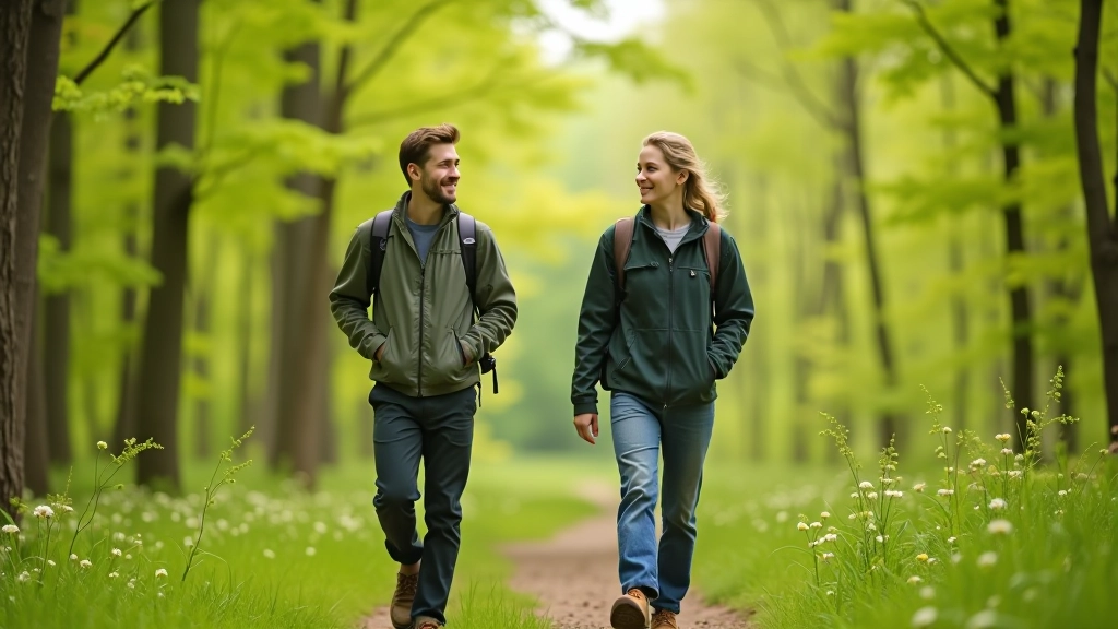 Group of hikers walking on forest trail during spring with fresh green foliage, bright daylight, natural woodland setting