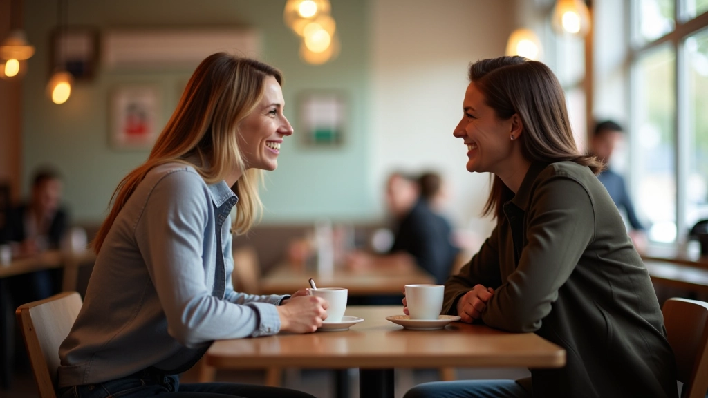 Two people having an animated conversation over coffee in a bright café, smiling and engaged in discussion