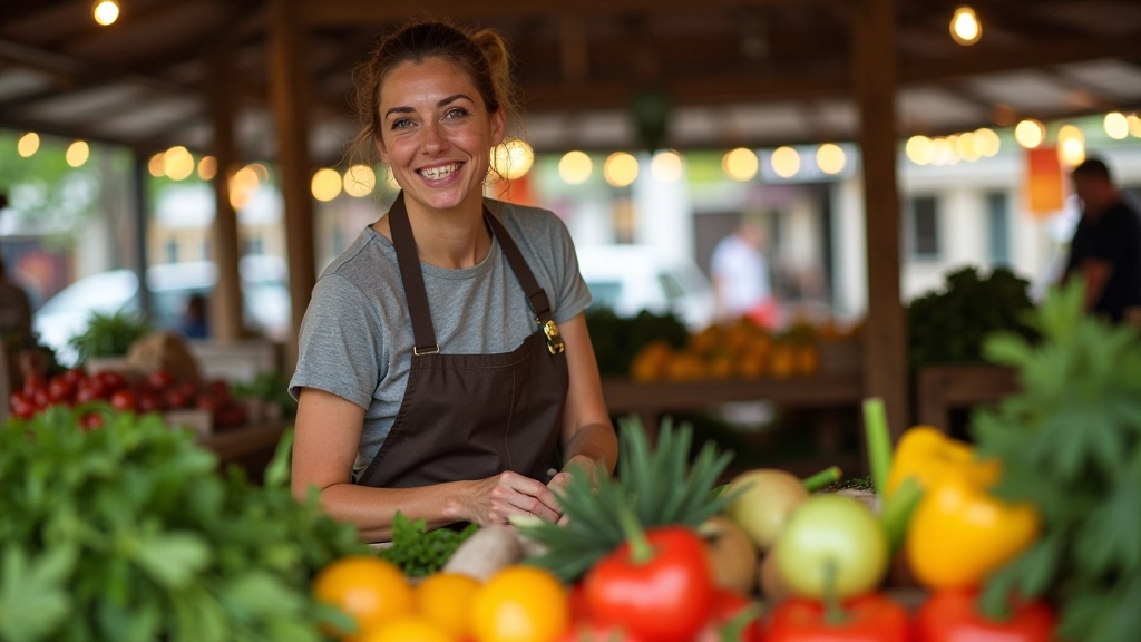 Local vendors arranging fresh vegetables and herbs at wooden market stall in Jūrmala, morning light