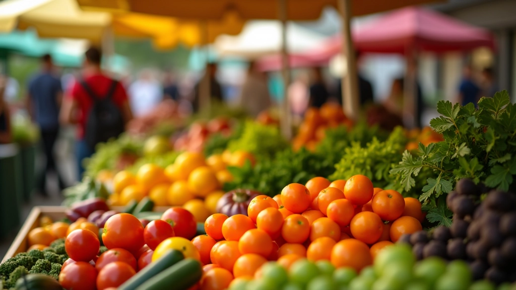 Colorful market stalls at Jūrmala weekend farmer's market with fresh local produce and flowers
