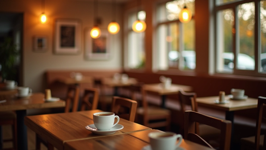 Cozy café interior with wooden furniture, coffee cups, and warm lighting in Jūrmala