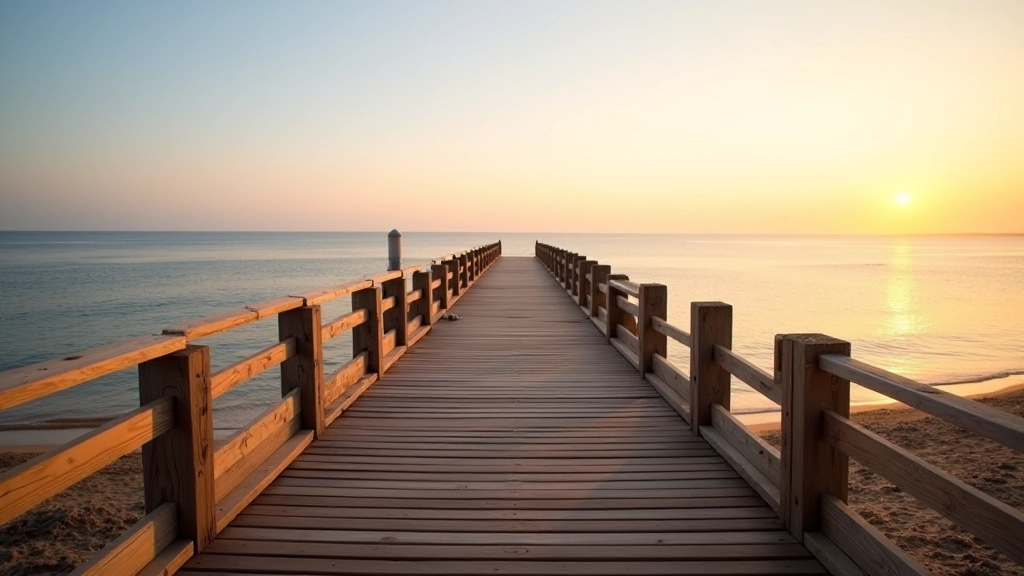 Wooden pier extending into Jūrmala beach with sandy shore and sea horizon under blue sky